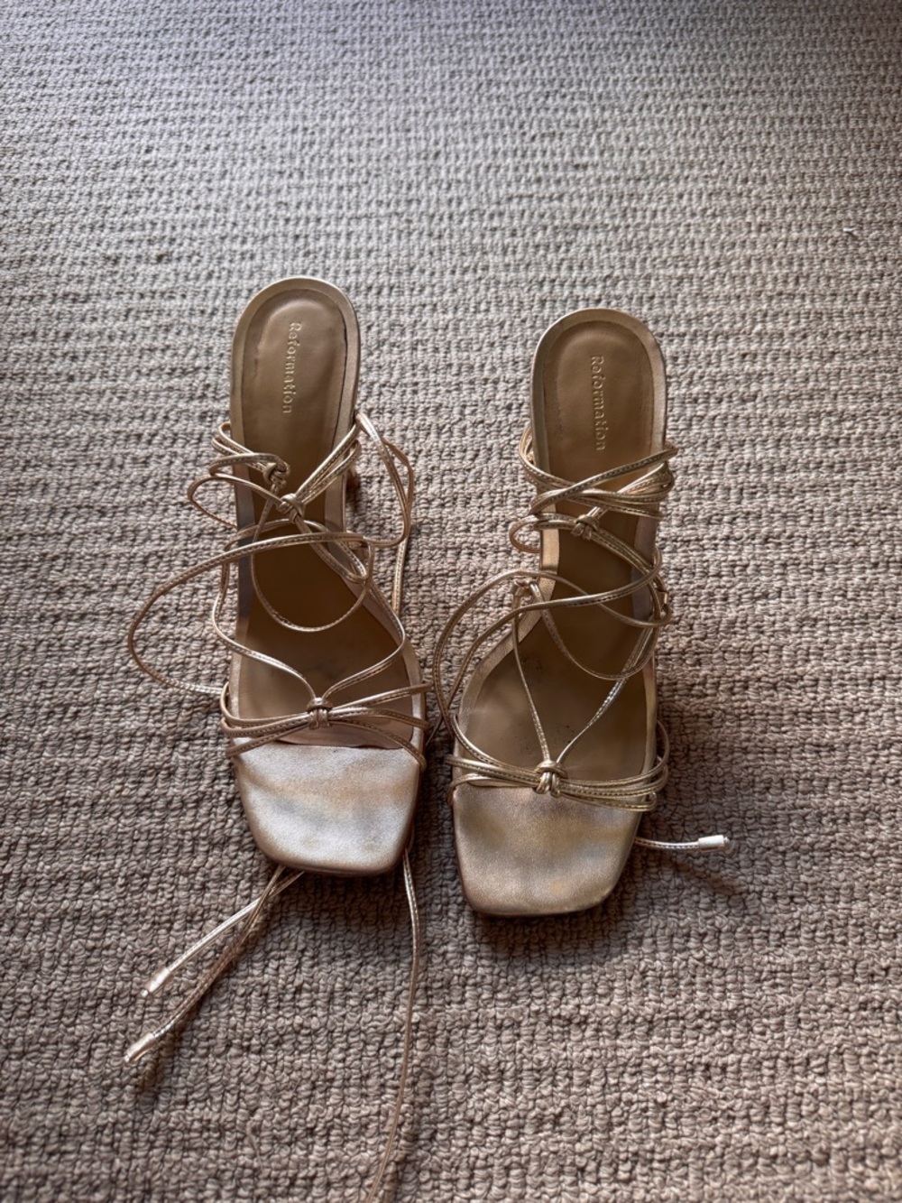 Reformation Metallic Gold Lace-Up Strappy Heeled Sandals